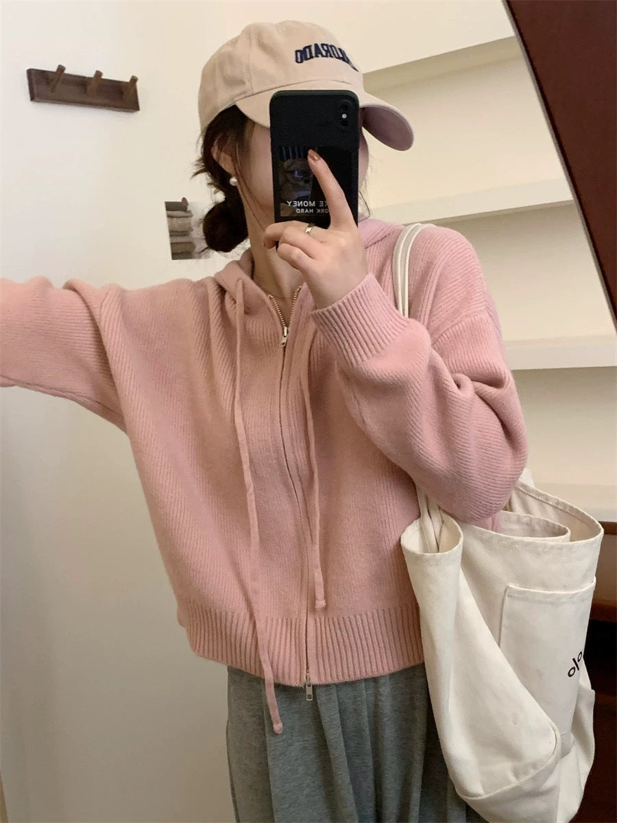 Casual Zip-Up Hooded Cardigan with Long Sleeves