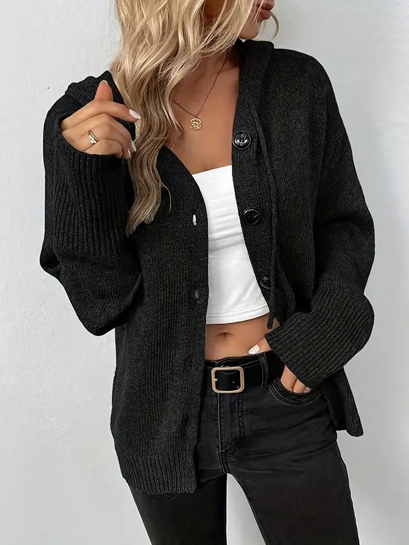Cozy Button-Front Hooded Cardigan in Plain Style