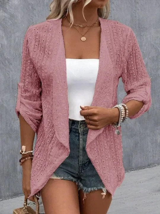 Cozy Women's Crochet Knit Cardigan - Open Front, Relaxed Fit, 3/4 Sleeve Layering