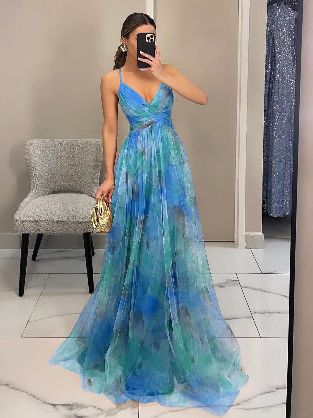 Elegant Dress with Painted Floral Print and V-neck