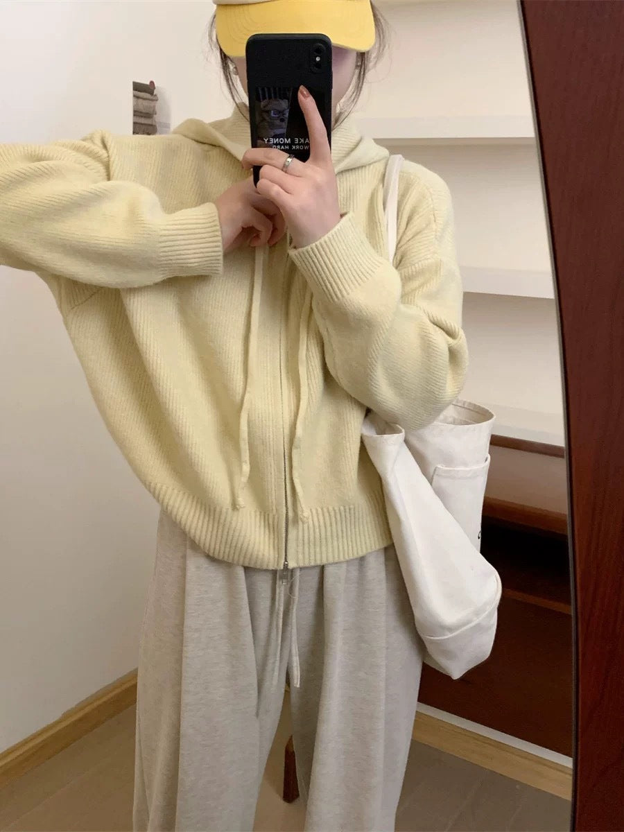Casual Zip-Up Hooded Cardigan with Long Sleeves