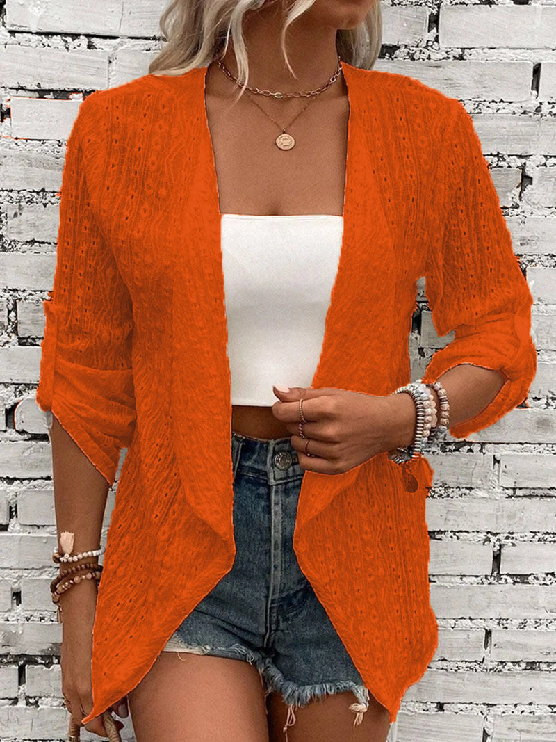 Cozy Women's Crochet Knit Cardigan - Open Front, Relaxed Fit, 3/4 Sleeve Layering