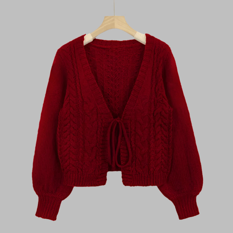 Cozy Vintage Chunky Knit Cardigan with Tie-Front and Long Sleeves
