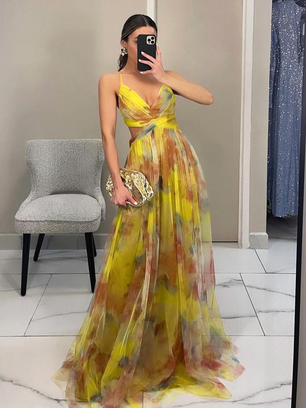 Elegant Dress with Painted Floral Print and V-neck