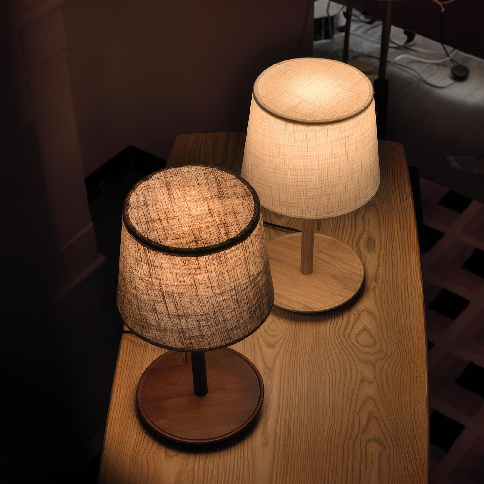 Elegant Gentle Glow Lamp made of Nordic Walnut wood with noble fabric accents