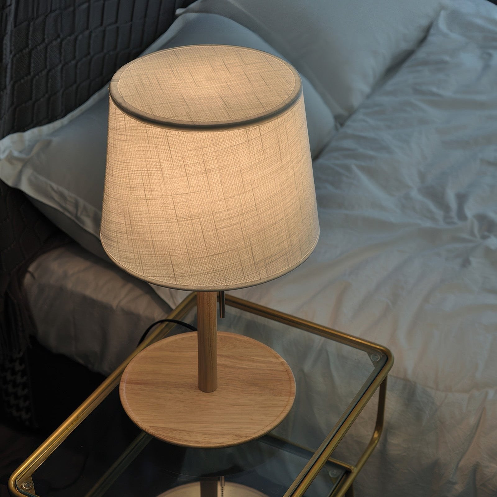 Elegant Gentle Glow Lamp made of Nordic Walnut wood with noble fabric accents