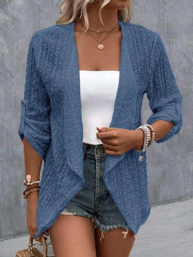 Cozy Women's Crochet Knit Cardigan - Open Front, Relaxed Fit, 3/4 Sleeve Layering