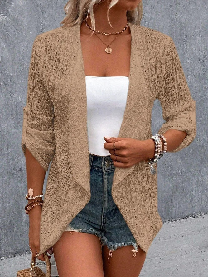 Cozy Women's Crochet Knit Cardigan - Open Front, Relaxed Fit, 3/4 Sleeve Layering