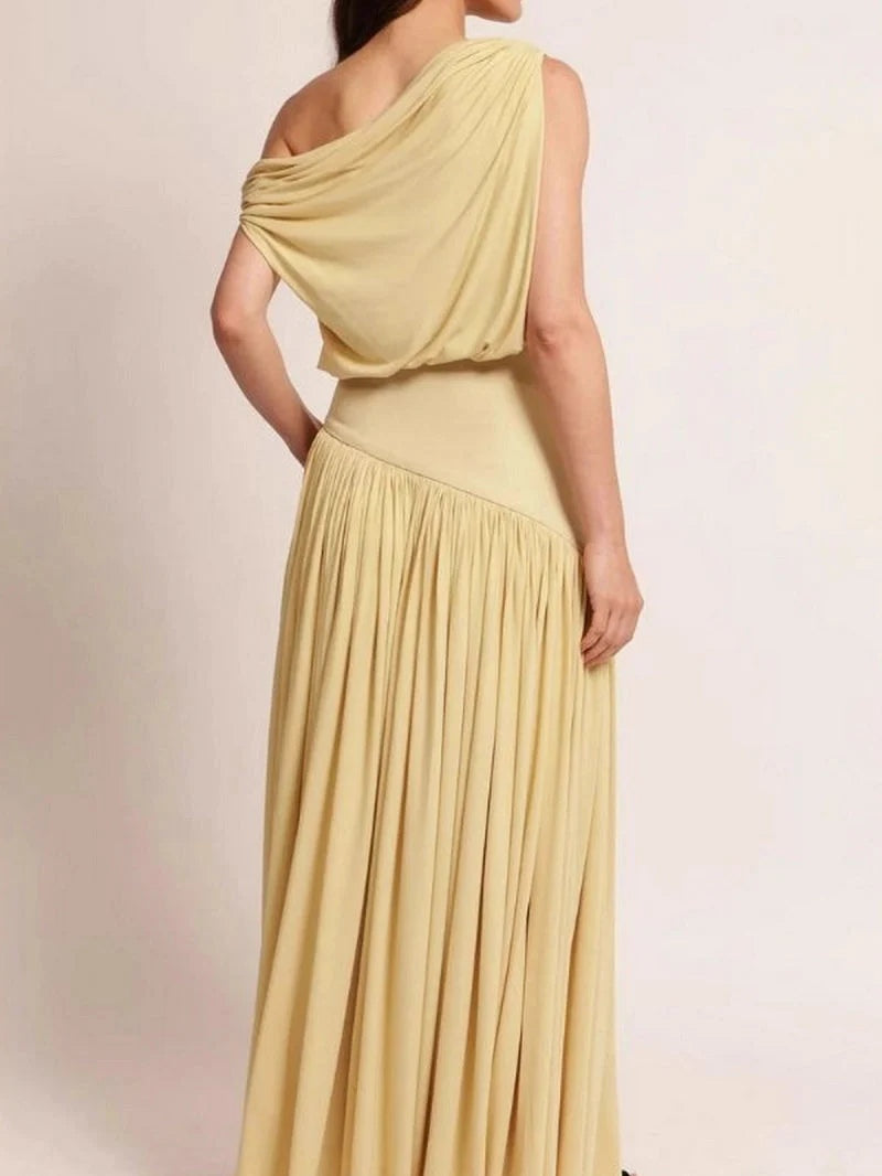 Elegant Long Dress with Off-Shoulder Design and Sloped Neckline