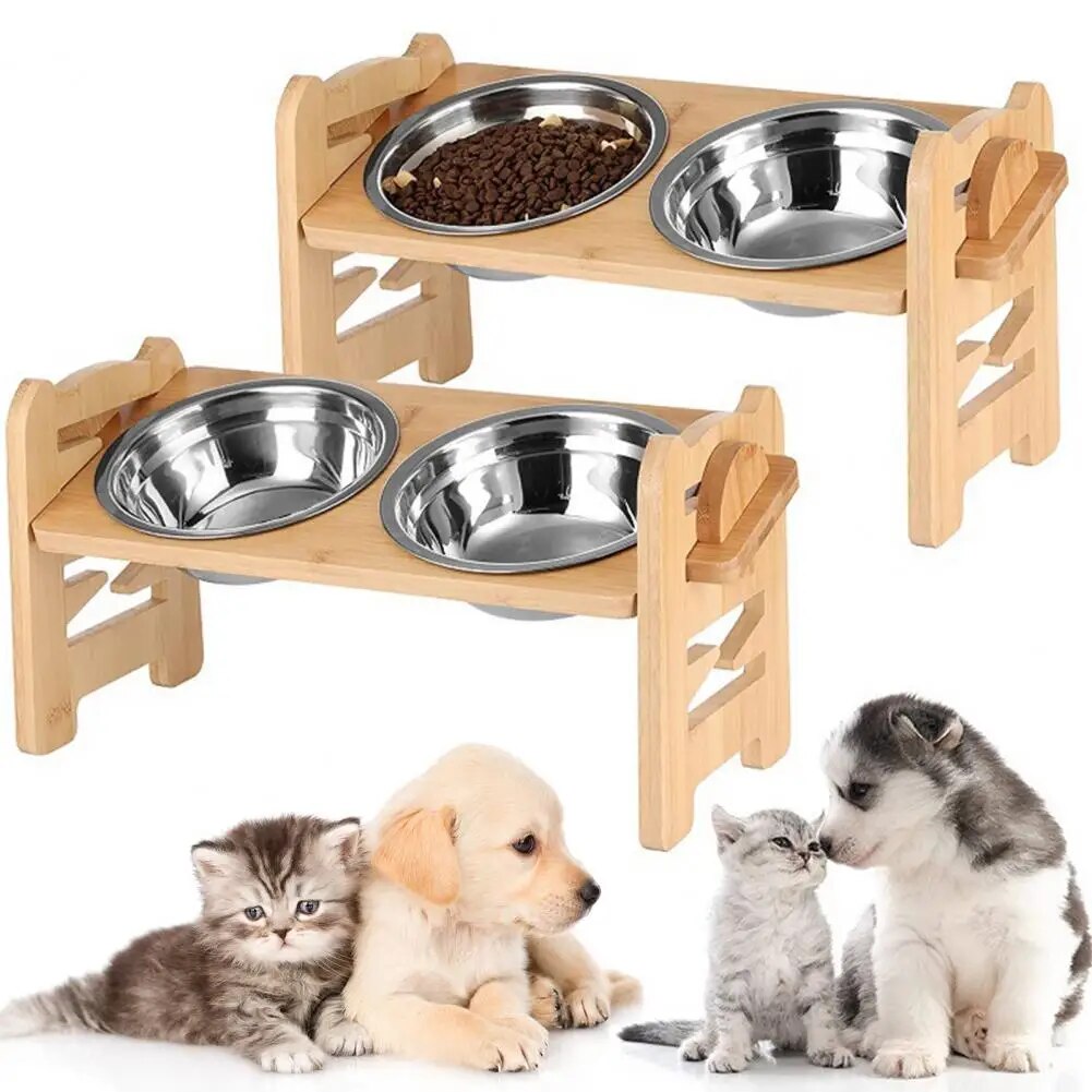 PawElegance Luxury Double Feeding Set with Gentle Bamboo and Stainless Steel for Pets