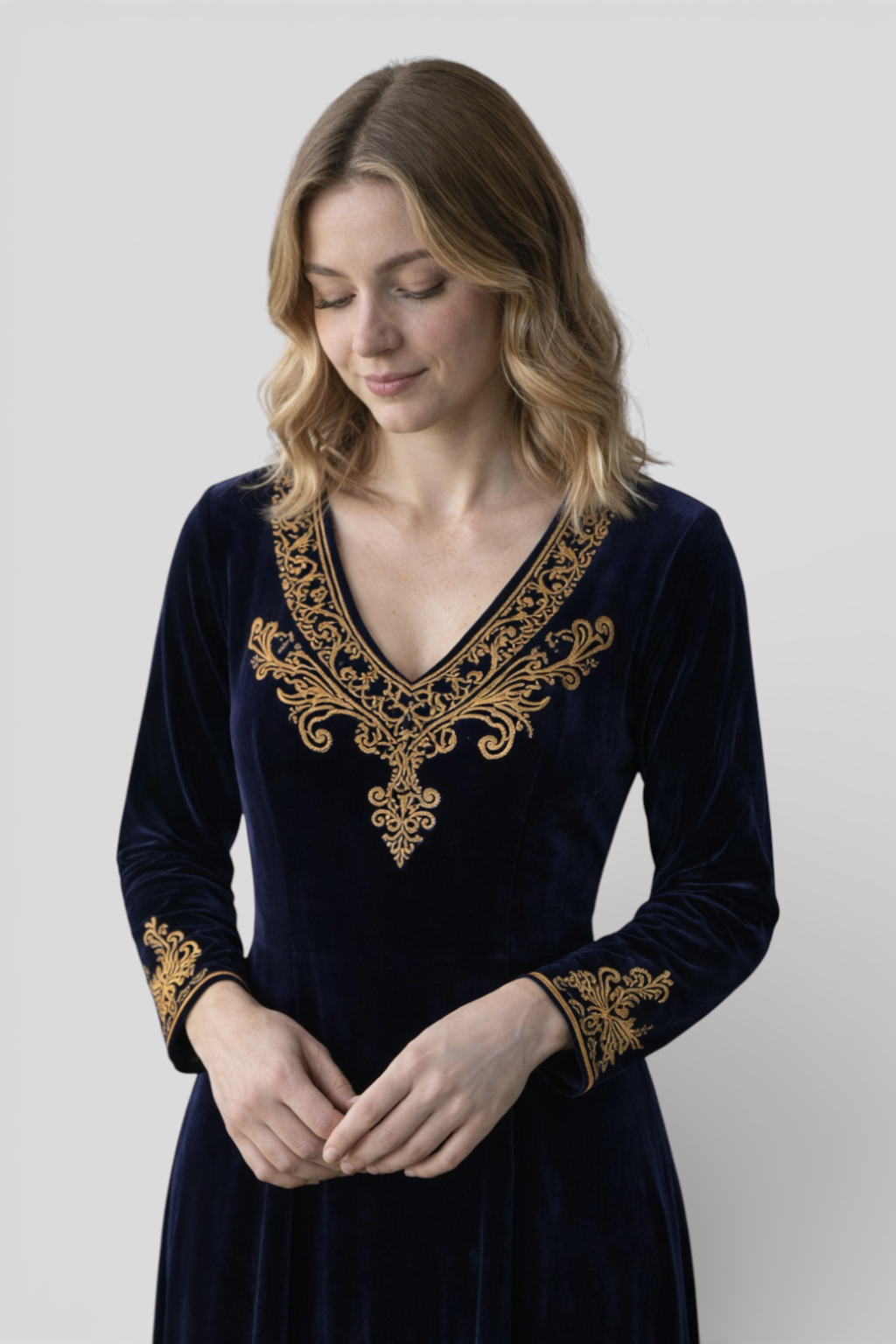 Ethnic Maxi Dress in Navy Blue with Fringes and Split Neckline