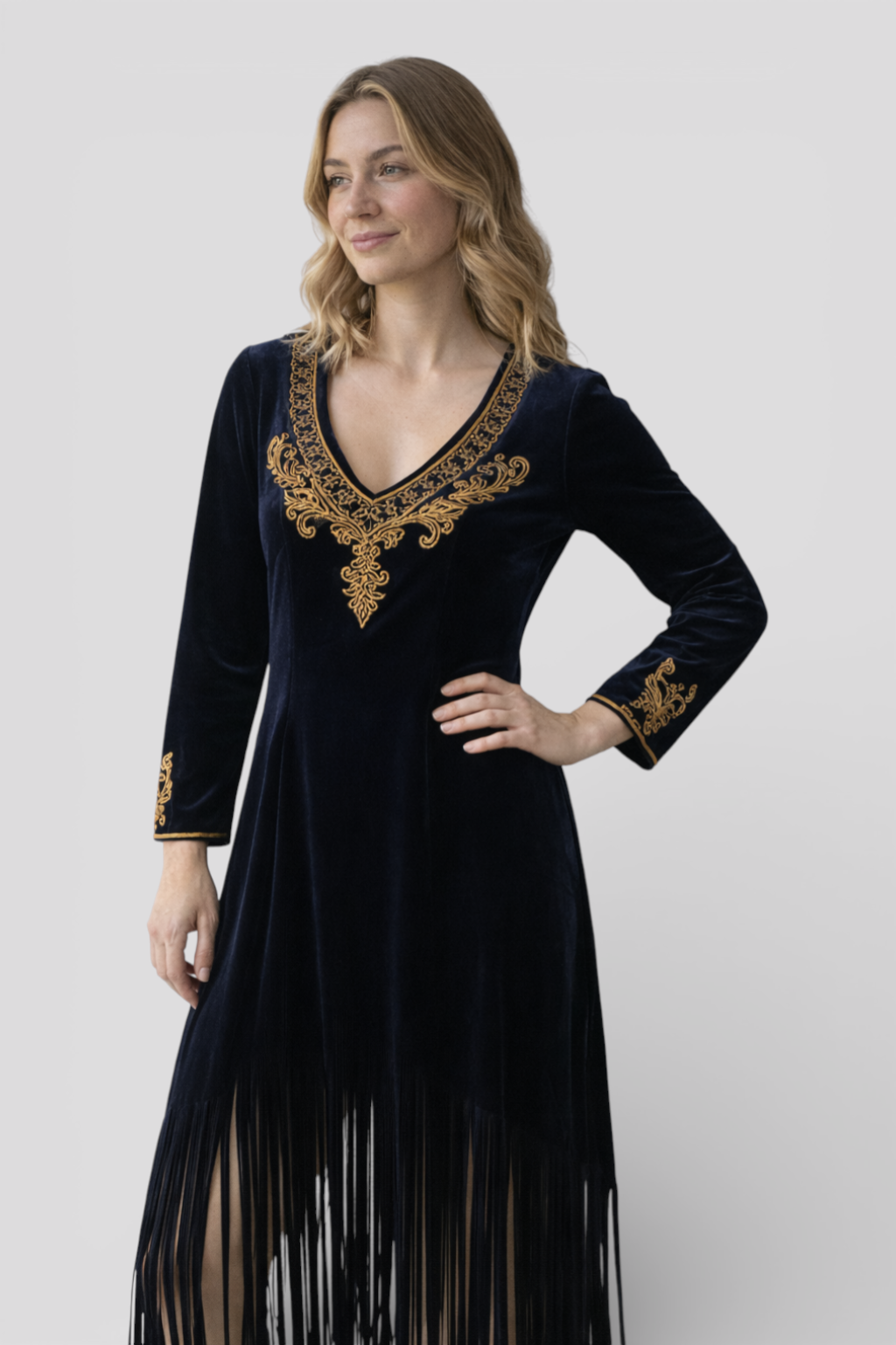 Ethnic Maxi Dress in Navy Blue with Fringes and Split Neckline