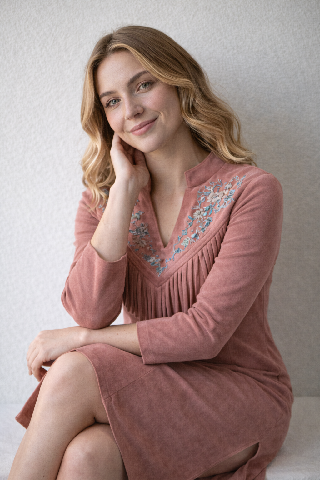 Vintage Western Long Dress with Fringe Embroidery in Pink Polyester