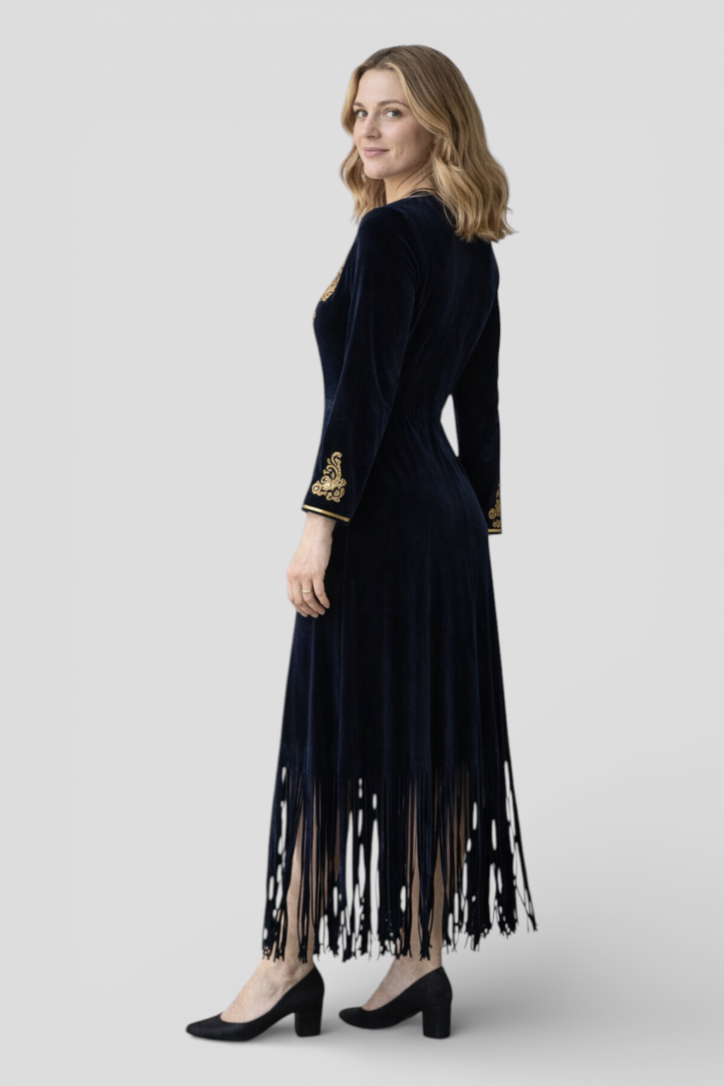 Ethnic Maxi Dress in Navy Blue with Fringes and Split Neckline