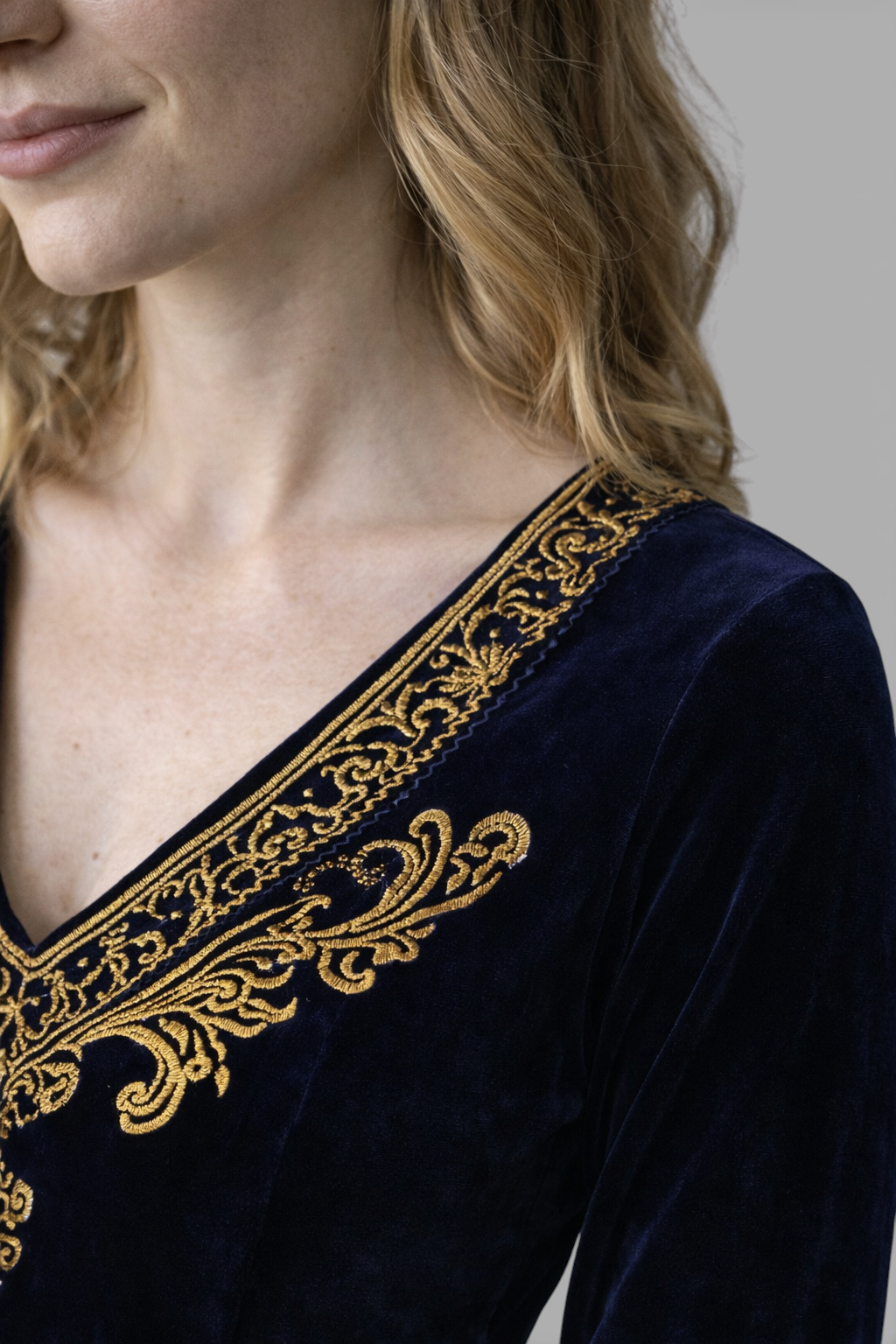 Ethnic Maxi Dress in Navy Blue with Fringes and Split Neckline