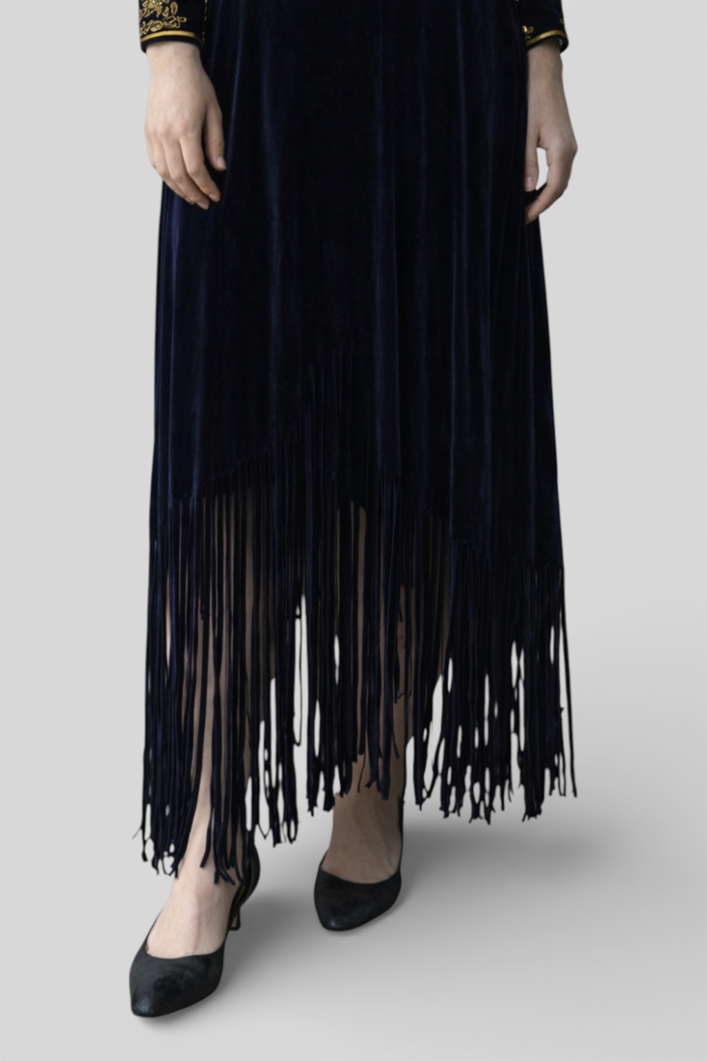 Ethnic Maxi Dress in Navy Blue with Fringes and Split Neckline