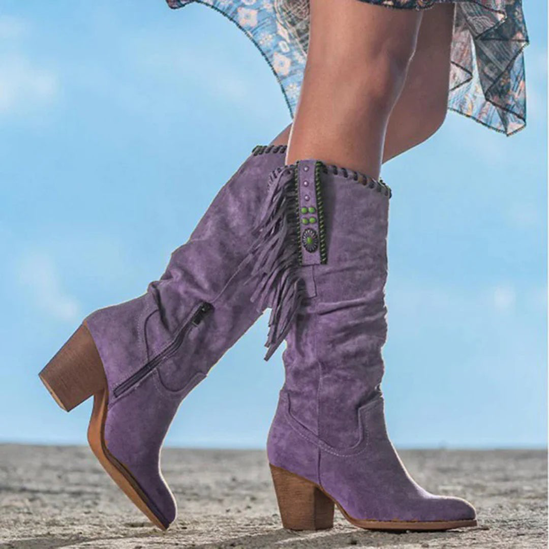 Women's Knee-High Western Boots with Fringe & Stud Detailing on a Sleek Block Heel