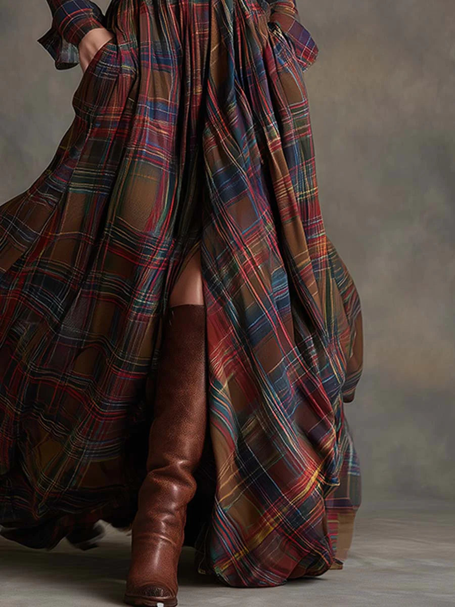 Chic Retro Lapel Reddish Brown Plaid Maxi Dress for Elegant Occasions