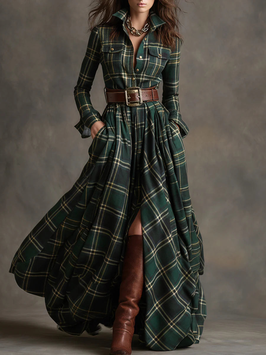 Chic Retro Lapel Reddish Brown Plaid Maxi Dress for Elegant Occasions