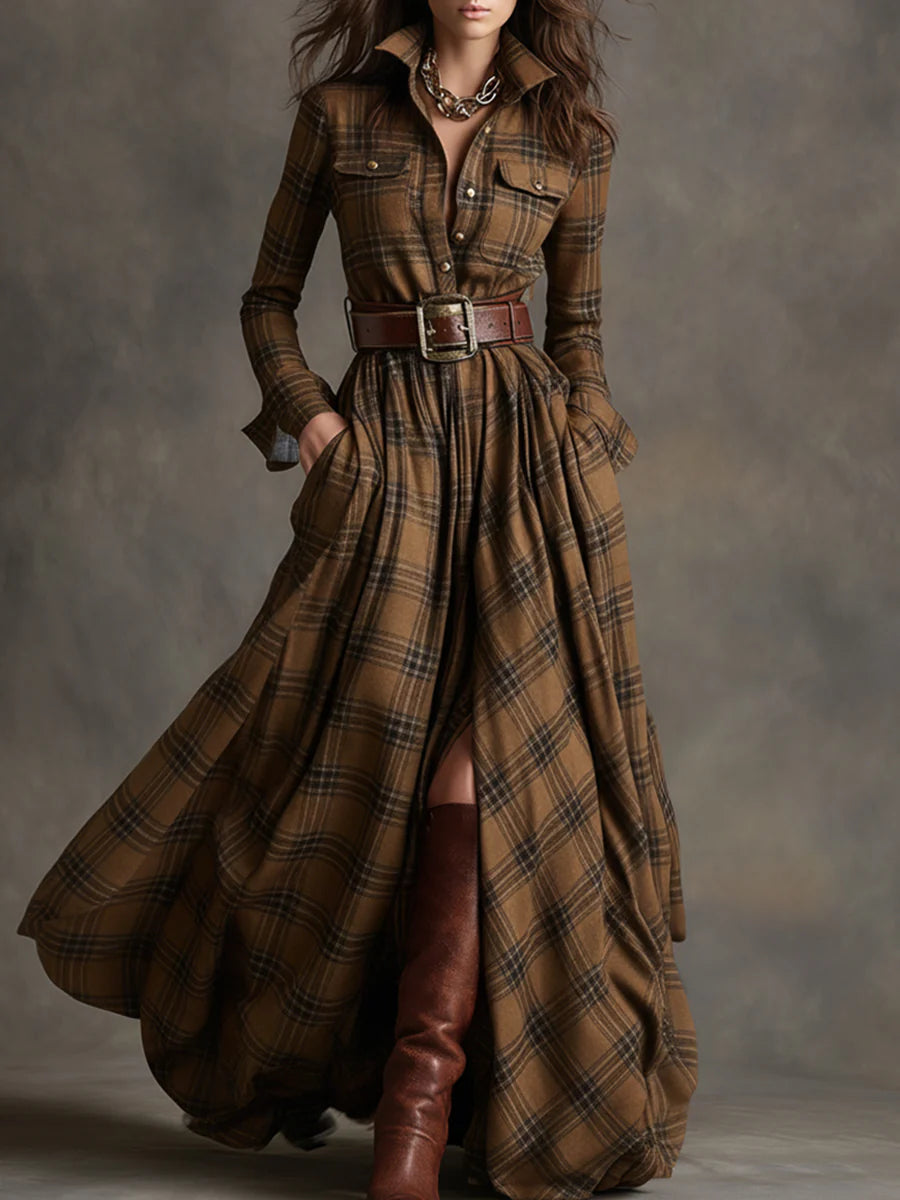 Chic Retro Lapel Reddish Brown Plaid Maxi Dress for Elegant Occasions
