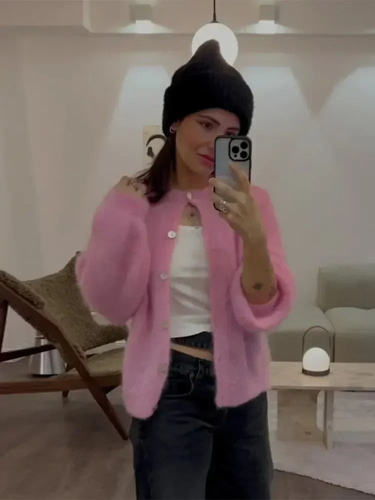 Women's Cozy Fluffy Cardigan in Pastel Pink