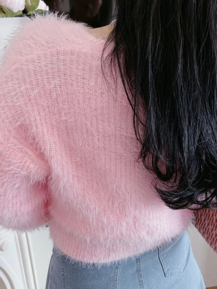 Women's Cropped Cardigan with Bow-Shaped Crystal Embellishment