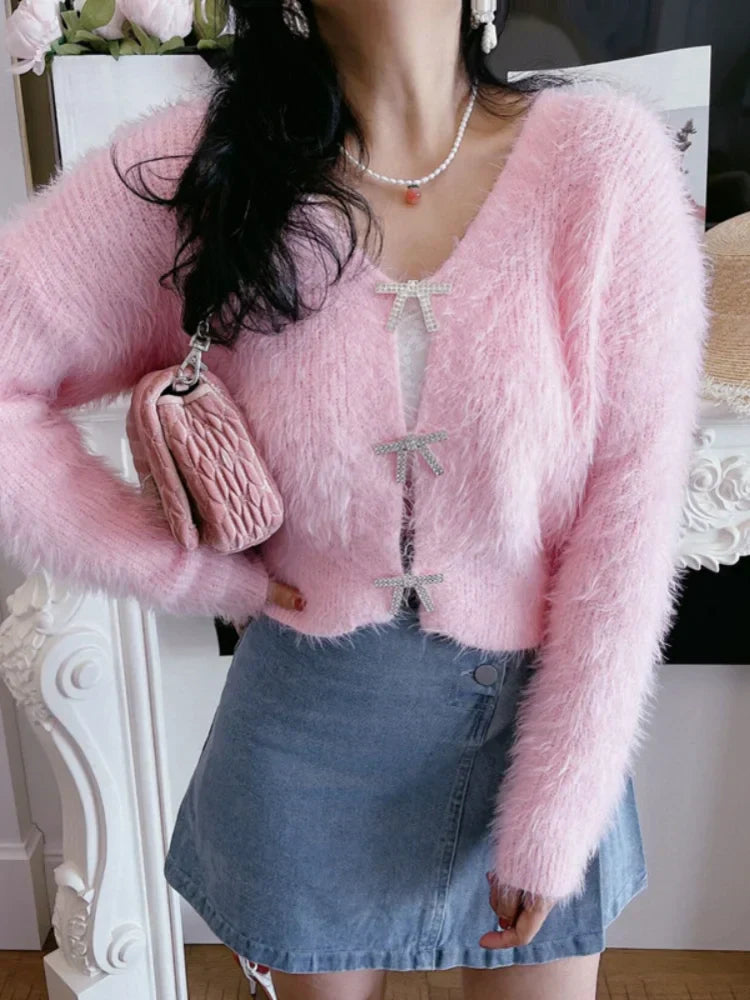 Women's Cropped Cardigan with Bow-Shaped Crystal Embellishment