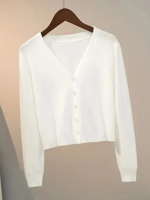 Cozy Women's Knit Cardigan with V-Neck and Button Closure