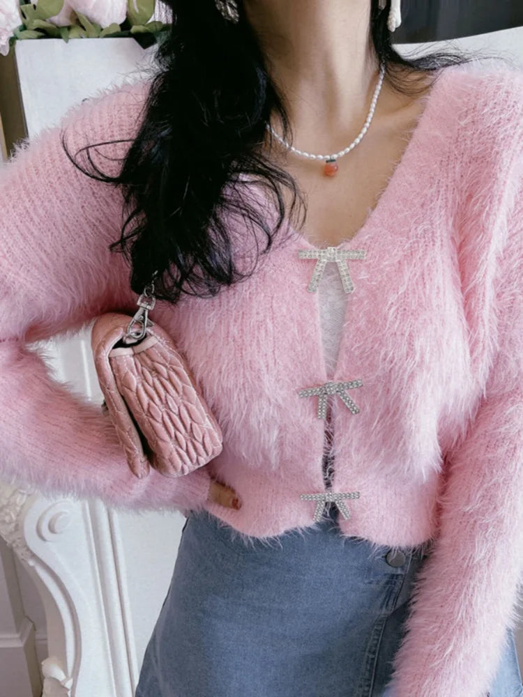 Women's Cropped Cardigan with Bow-Shaped Crystal Embellishment