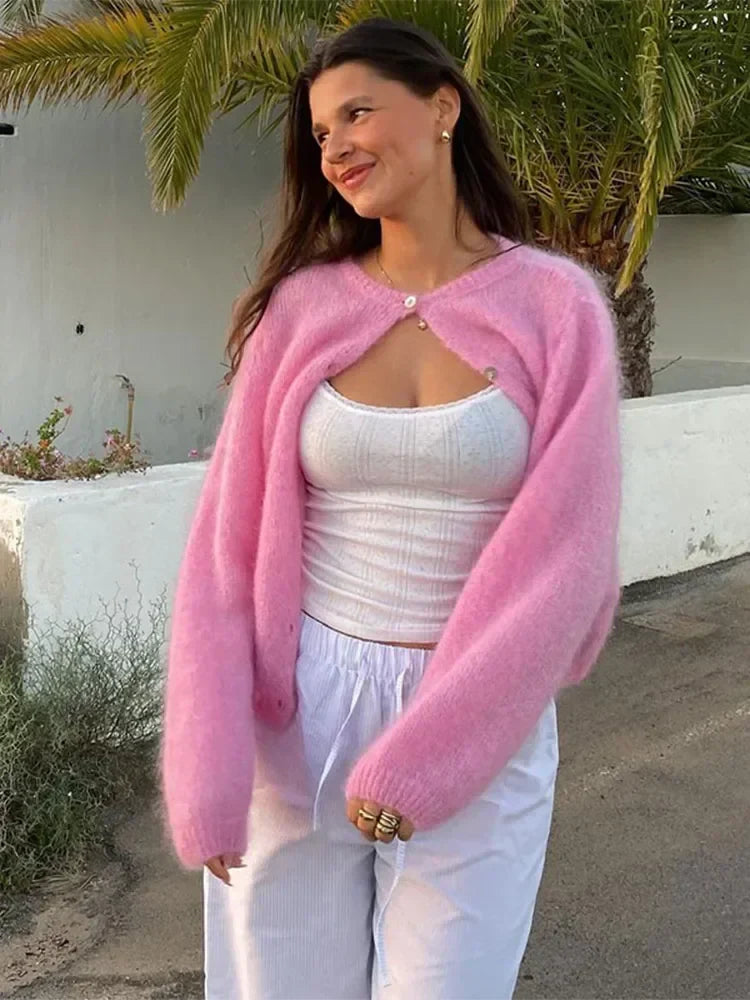Women's Cozy Fluffy Cardigan in Pastel Pink