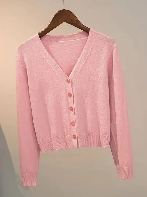 Cozy Women's Knit Cardigan with V-Neck and Button Closure