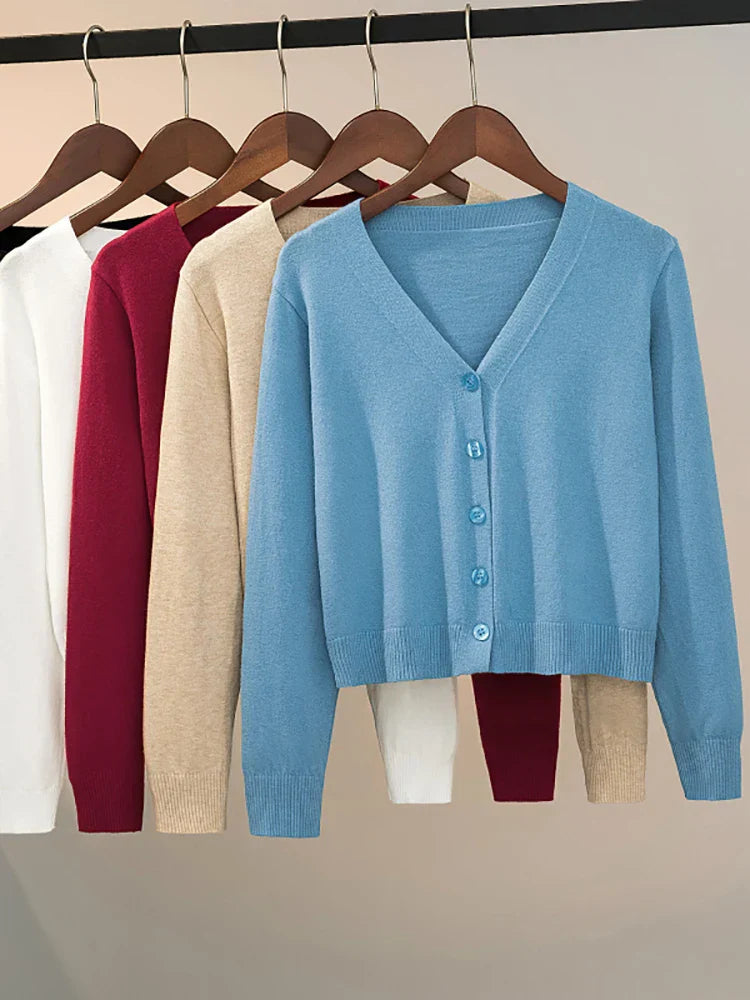 Cozy Women's Knit Cardigan with V-Neck and Button Closure