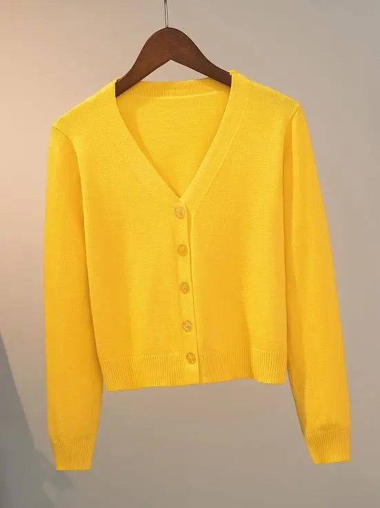 Cozy Women's Knit Cardigan with V-Neck and Button Closure