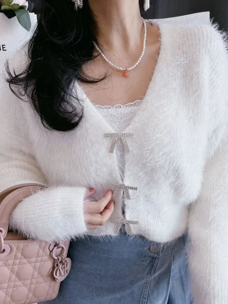 Women's Cropped Cardigan with Bow-Shaped Crystal Embellishment