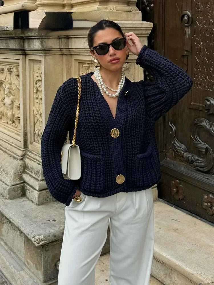 Women's Cozy Chunky-Knit Cardigan with Oversized Buttons