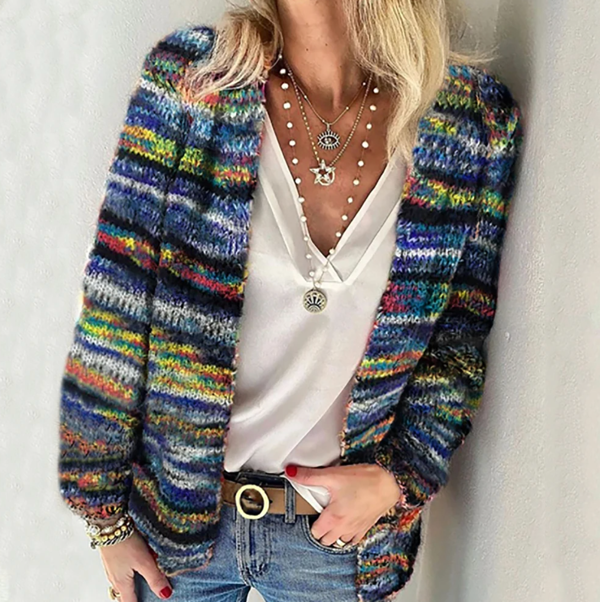 Women's Vibrant Multicolor Knit Cardigan for a Bold Statement Look