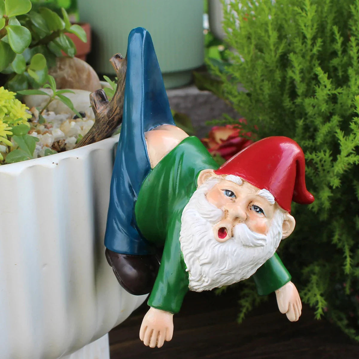 Petronia - Cute Gnome Flower Pot Hanger made of Resin with Pants on a Branch for playful garden decoration