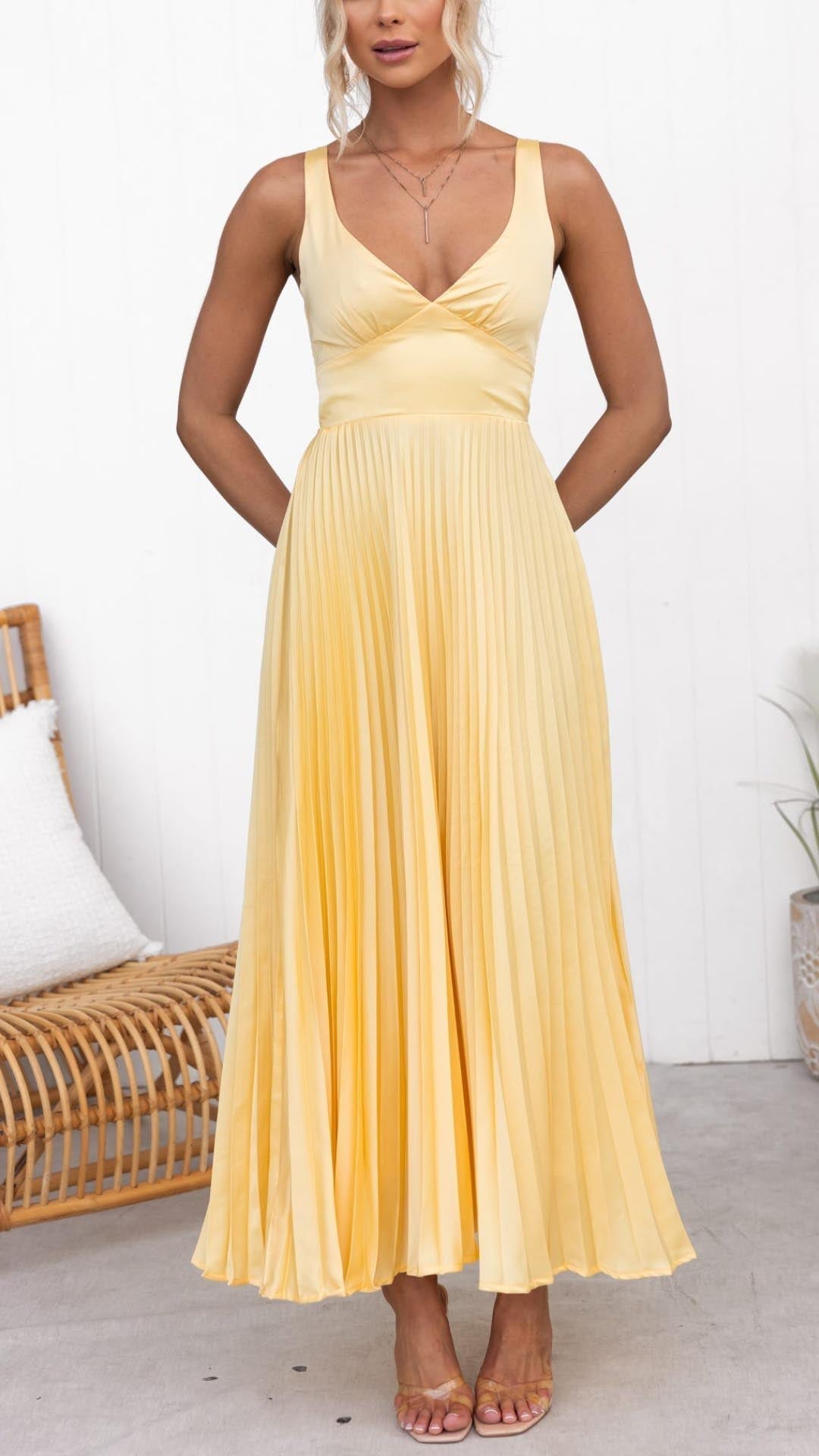 Aby Yellow Pleated V-Neck Maxi Dress – Effortless, Flowy Elegance