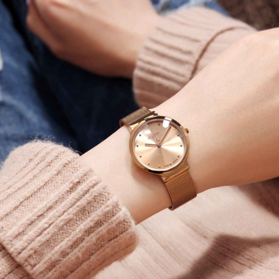 Ultra-thin quartz watch with elegant mesh bracelet