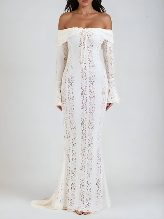 Elegant Long Maxi Lace Dress with Off-the-Shoulder Design