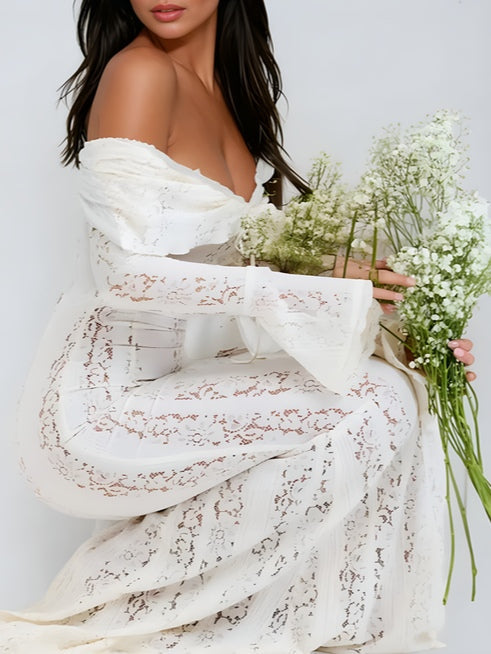 Elegant Long Maxi Lace Dress with Off-the-Shoulder Design