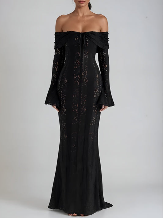 Elegant Long Maxi Lace Dress with Off-the-Shoulder Design