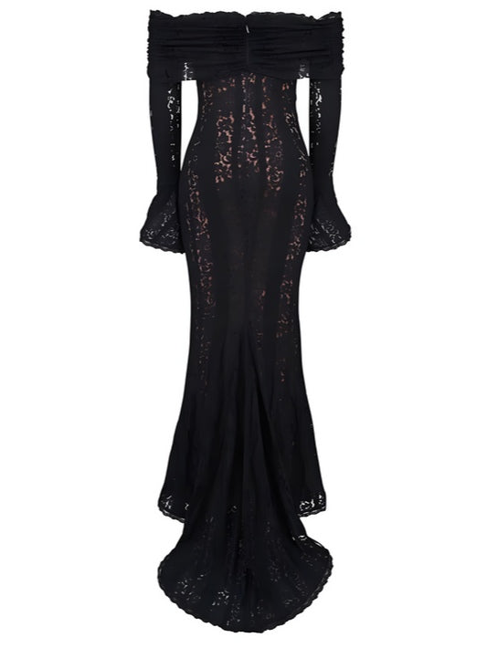 Elegant Long Maxi Lace Dress with Off-the-Shoulder Design