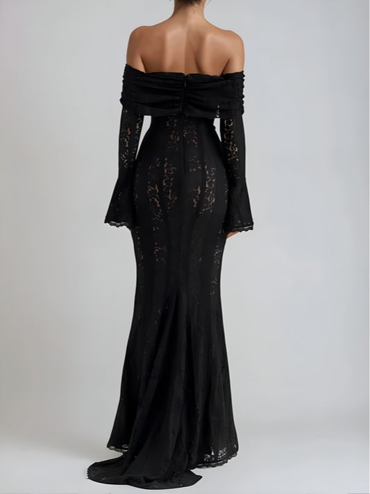 Elegant Long Maxi Lace Dress with Off-the-Shoulder Design