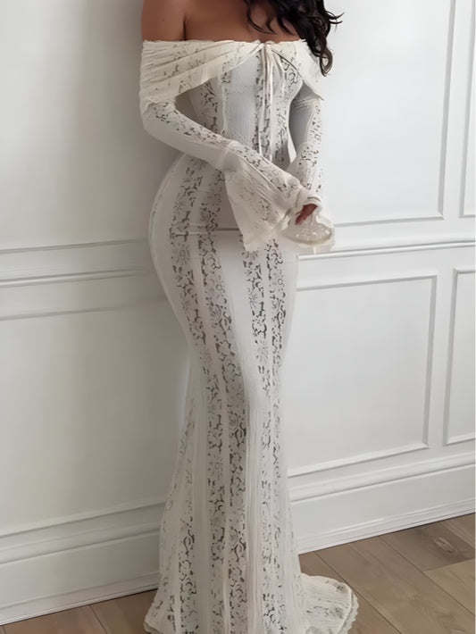 Elegant Long Maxi Lace Dress with Off-the-Shoulder Design