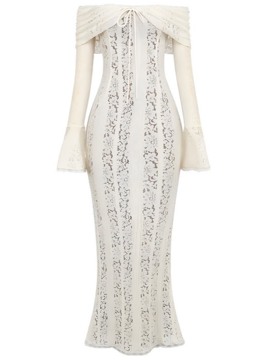 Elegant Long Maxi Lace Dress with Off-the-Shoulder Design