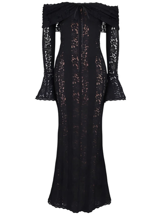 Elegant Long Maxi Lace Dress with Off-the-Shoulder Design