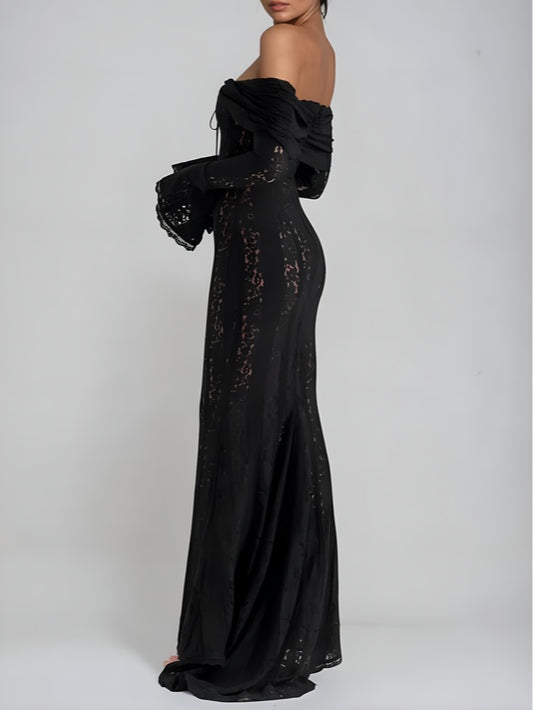 Elegant Long Maxi Lace Dress with Off-the-Shoulder Design