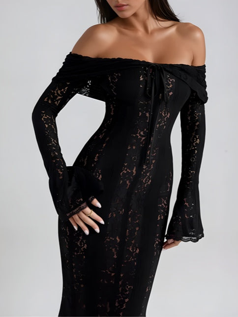 Elegant Long Maxi Lace Dress with Off-the-Shoulder Design