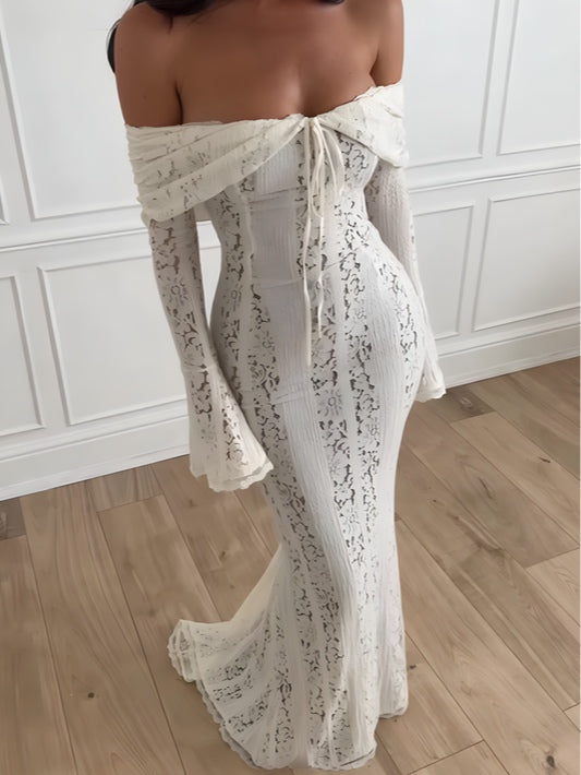 Elegant Long Maxi Lace Dress with Off-the-Shoulder Design